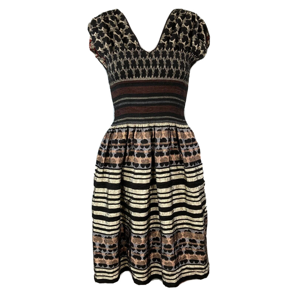 M.S.S.P. Dress Womens Sz S Black Ivory Multi Striped Smocked Cap Sleeve‎ A Line